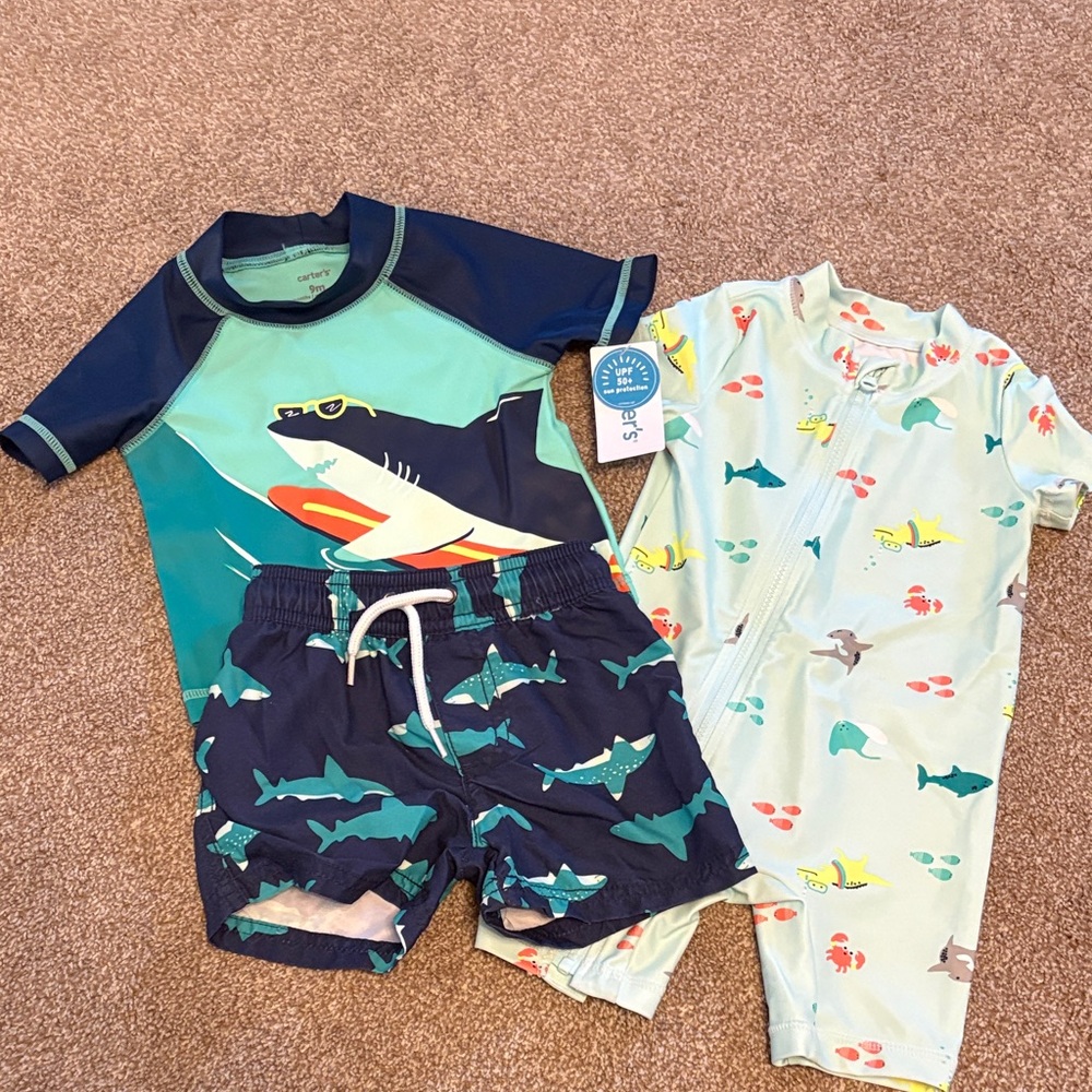 Carter's Shark Rashguard Set - Navy and Teal